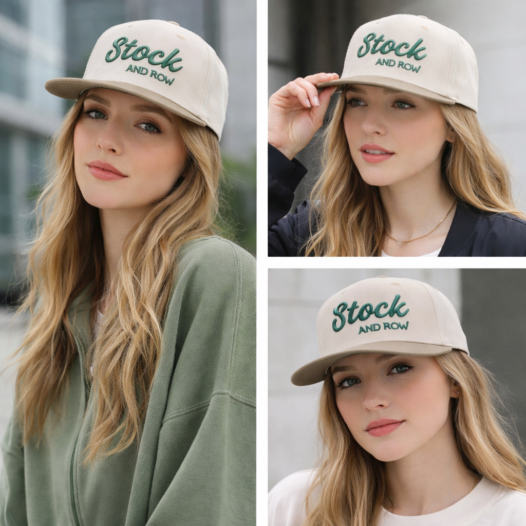 Beige and Khaki Baseball Cap with Green Embroidered Logo – 5 Panel Cotton Hat