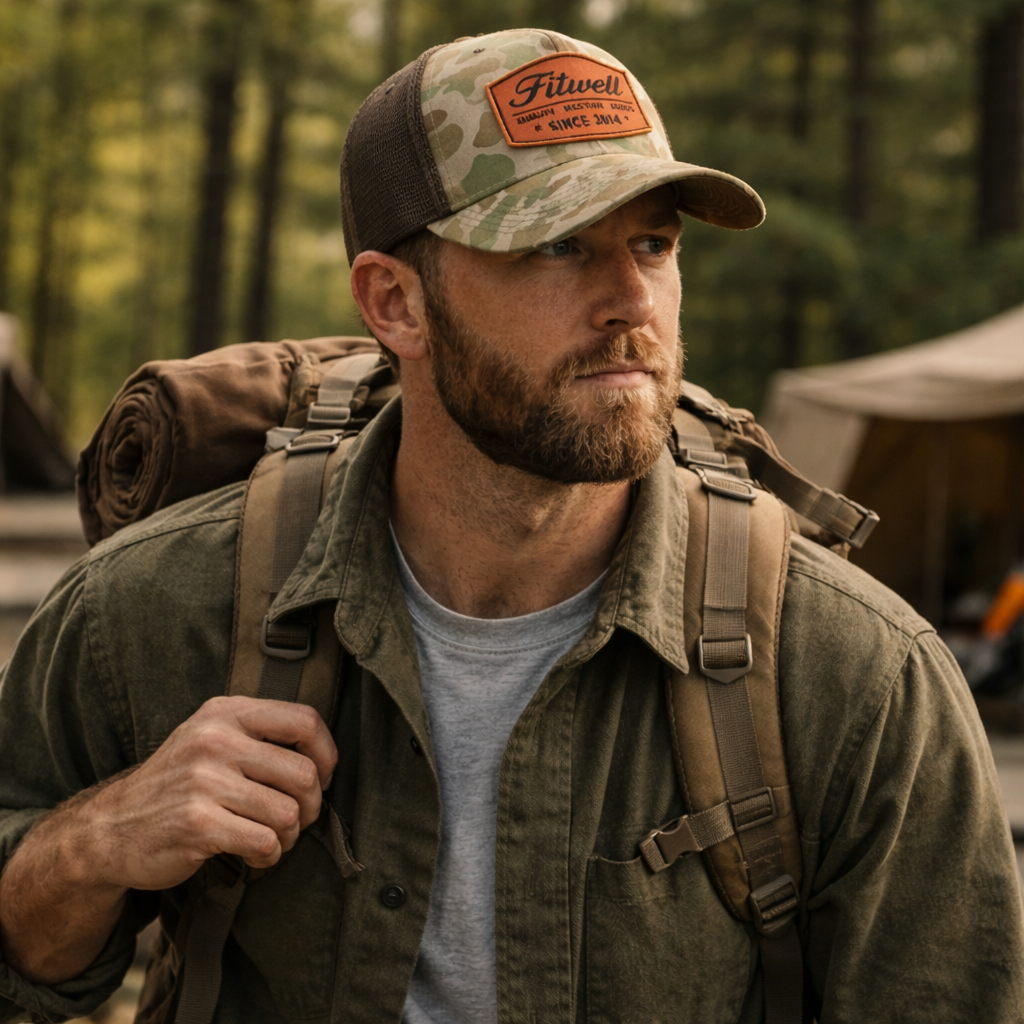 Camo Mesh Trucker Hat with Embossed Leather Patch – Western Outdoor Style