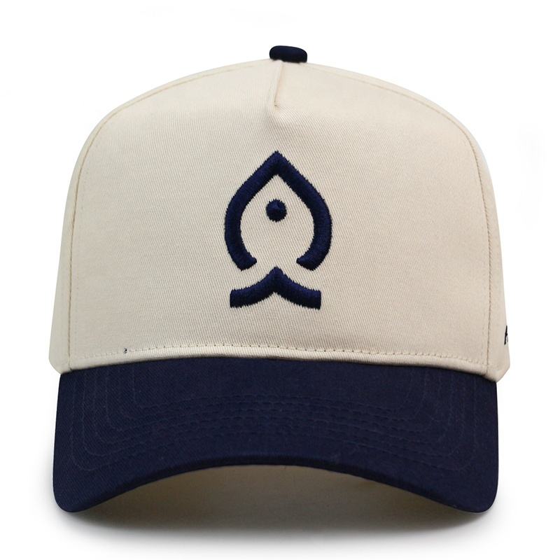 Cream and Navy Two-Tone 5-Panel Baseball Cap with Embroidered Water Drop Logo