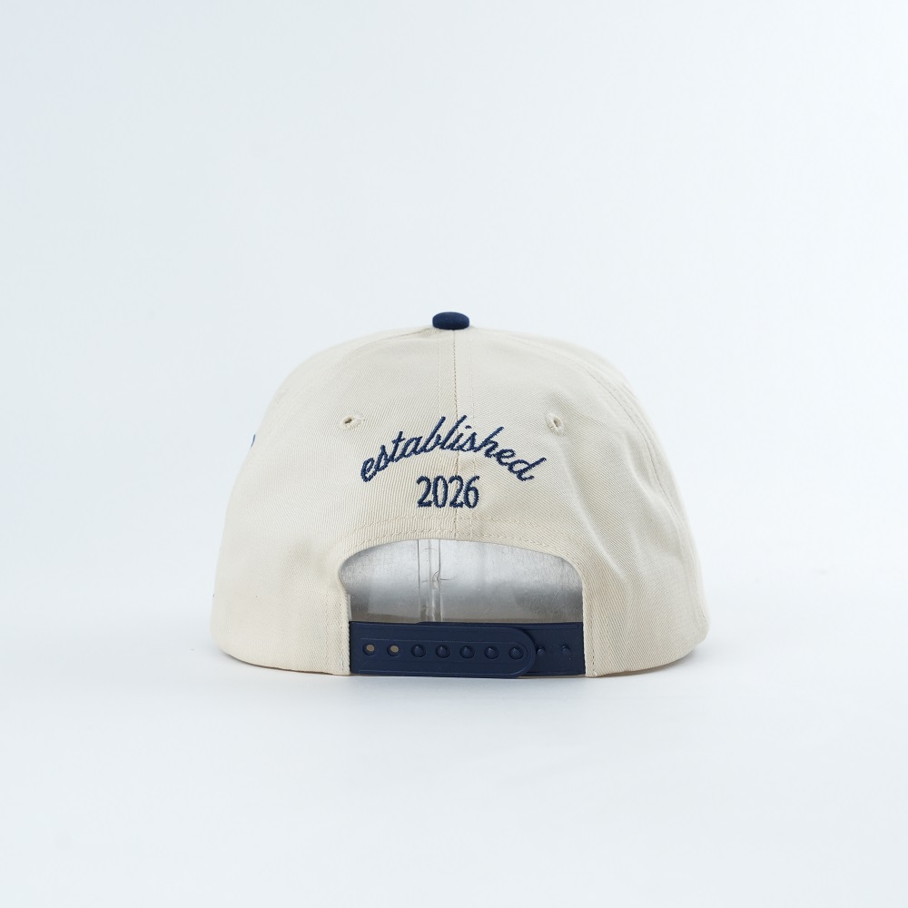 Cream and Navy Five Panel Baseball Cap with Script Roman Numeral Embroidery