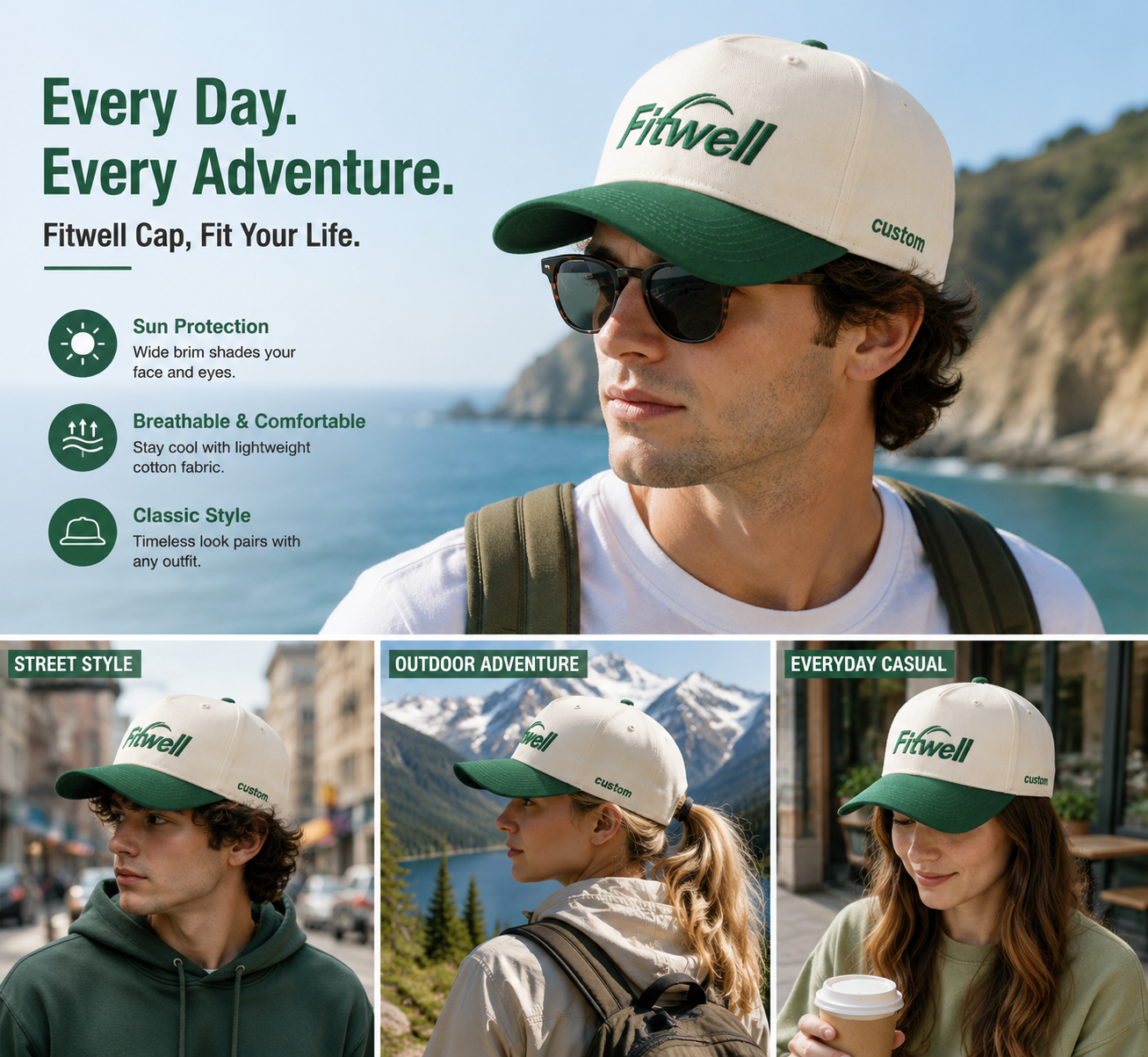 Ivory Green Two-Tone Embroidered Cotton Twill Baseball Cap
