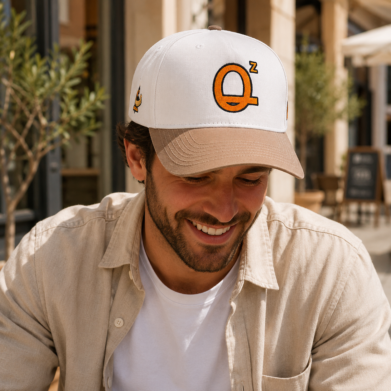 White and Khaki Embroidered Logo Five-Panel Baseball Cap