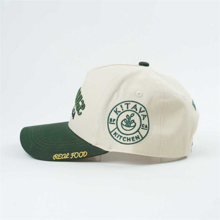 Cream and Forest Green Raised Embroidery Five-Panel Baseball Cap