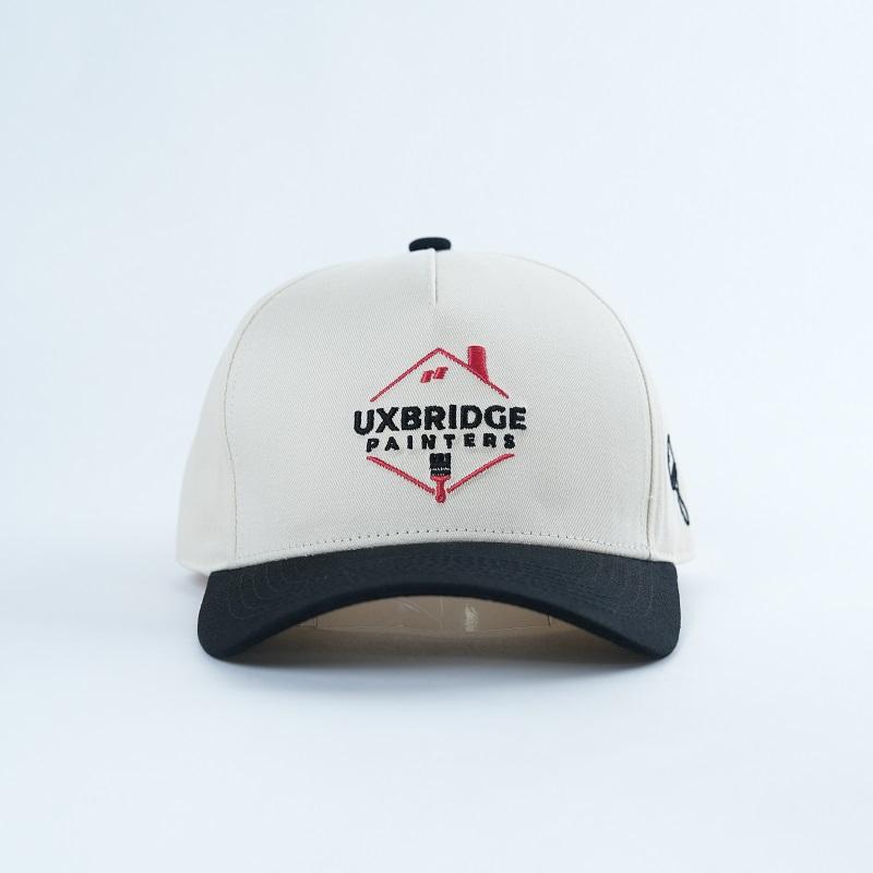 Ivory and Black Five-Panel Baseball Cap with Red Black Embroidered Logo