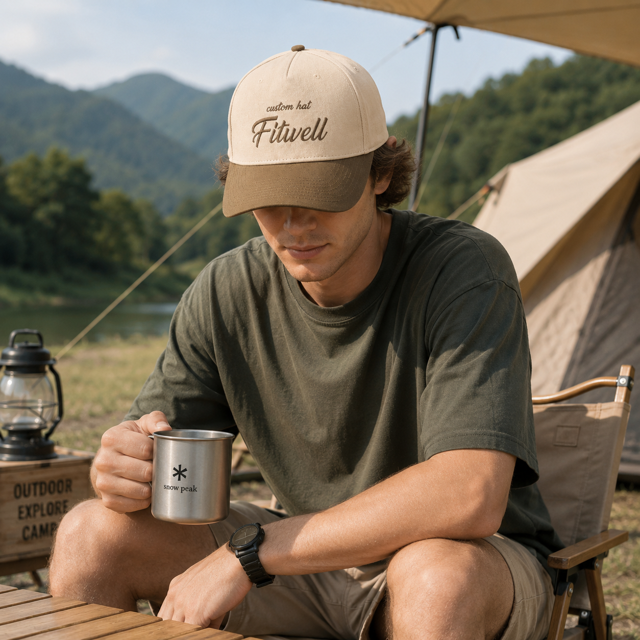 Two-Tone Cream and Khaki 5 Panel Cotton Twill Baseball Cap with Flat Embroidered Script Logo