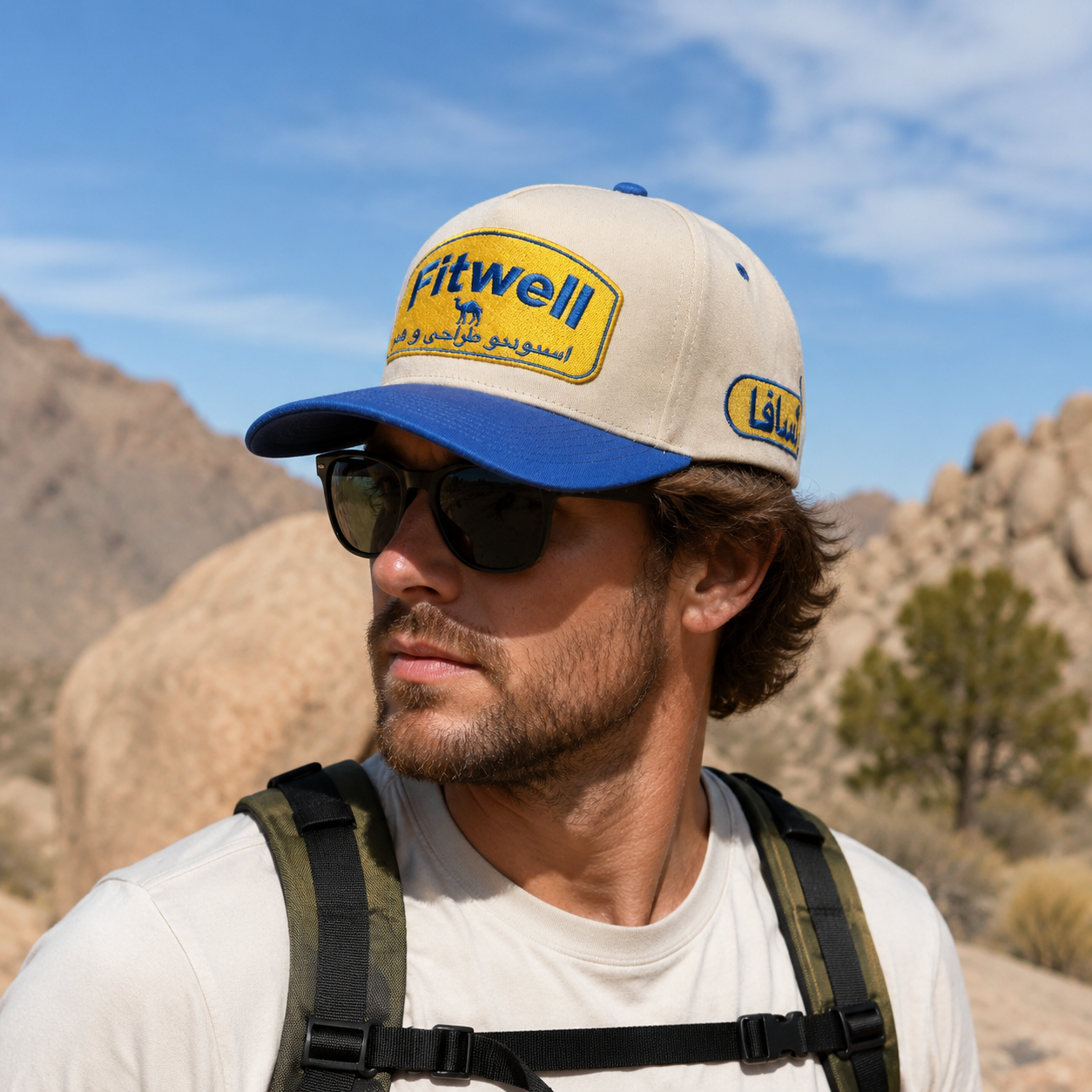 Two Tone Beige and Blue Baseball Cap with Flat Embroidered Logo and Adjustable Strap Closure