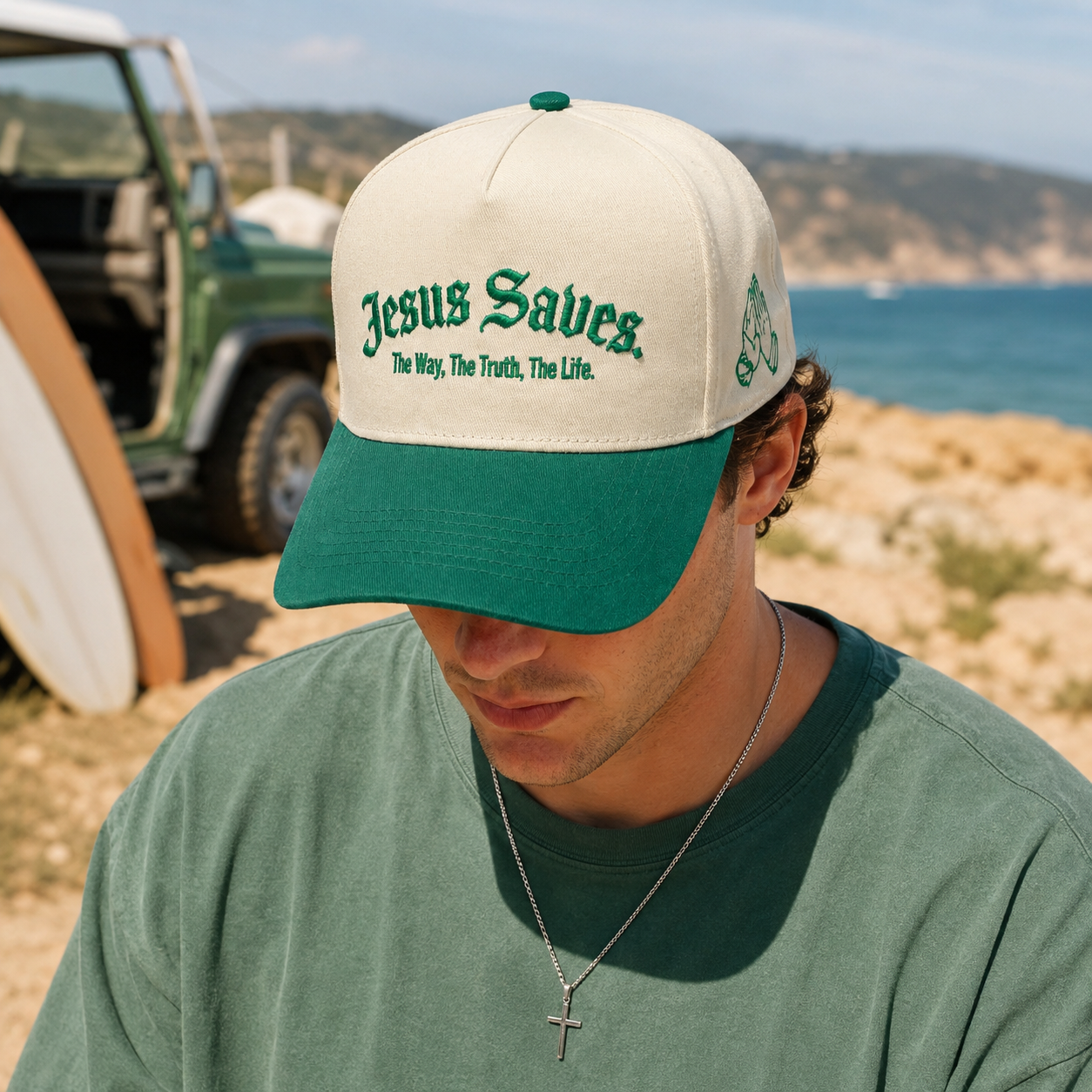 Cream and Green Jesus Saves Two-Tone Embroidered Baseball Cap