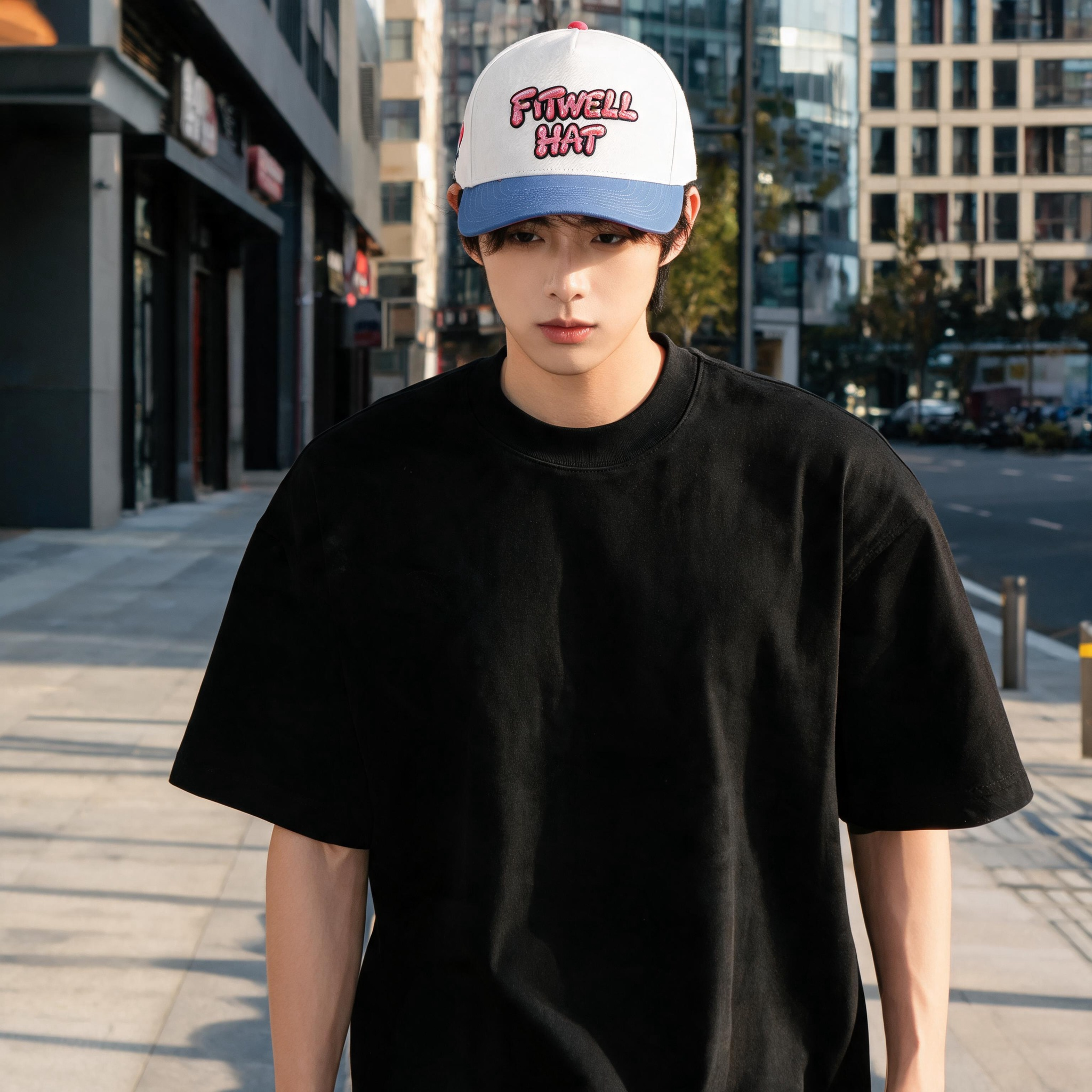 White and Blue Two-Tone Five-Panel Cotton Twill Baseball Cap with Pink ART IS DOPE Embroidery and Curved Brim