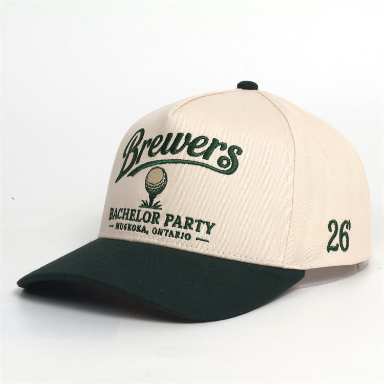 Vintage Two Tone Cotton Twill Five Panel Baseball Cap with Embroidered Golf Inspired Logo
