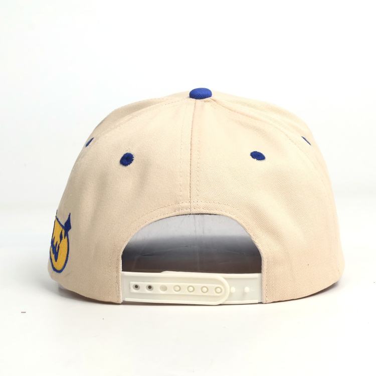 Two Tone Beige and Blue Baseball Cap with Flat Embroidered Logo and Adjustable Strap Closure