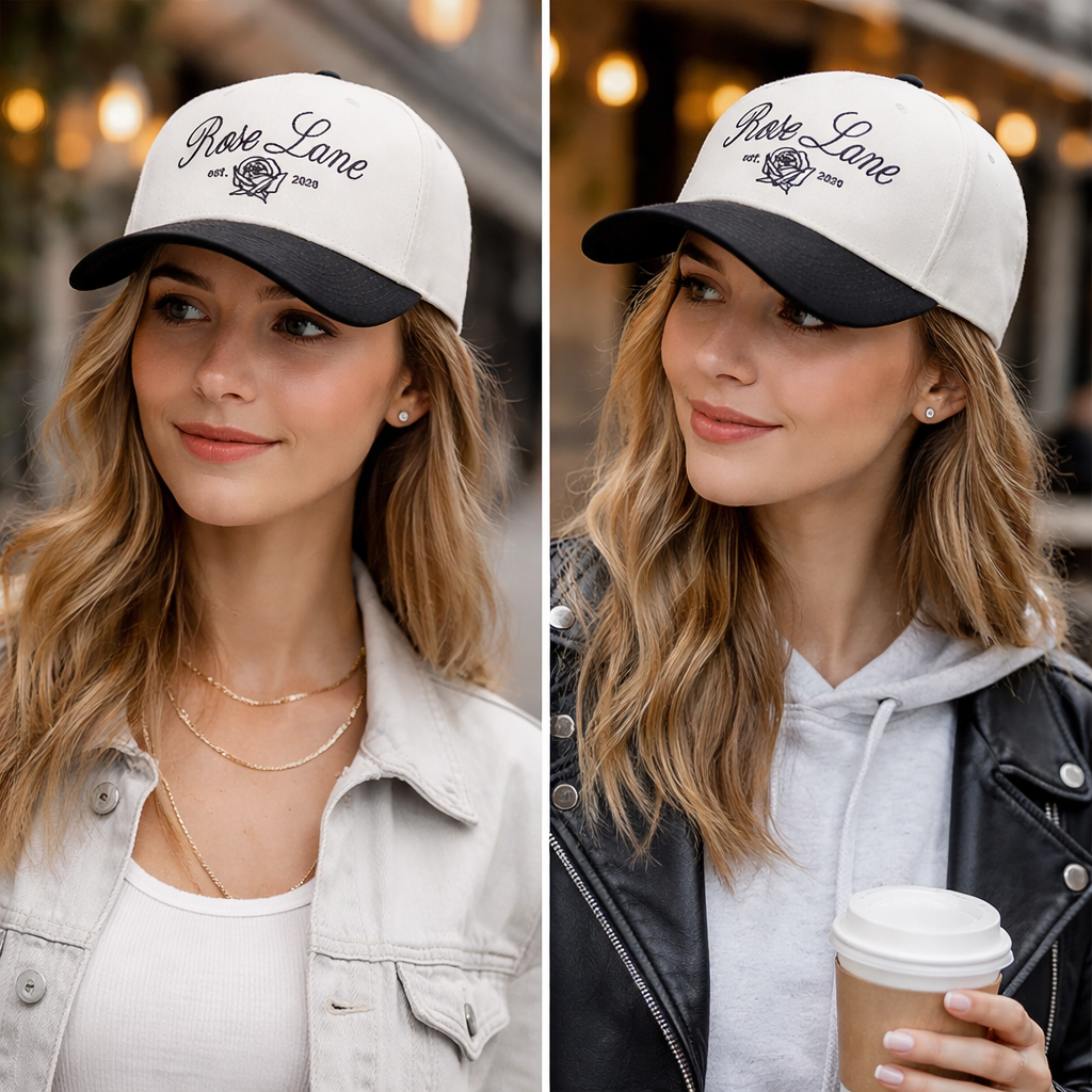 Rose Lane Embroidered Two-Tone Baseball Cap – 5 Panel Cotton Twill Hat