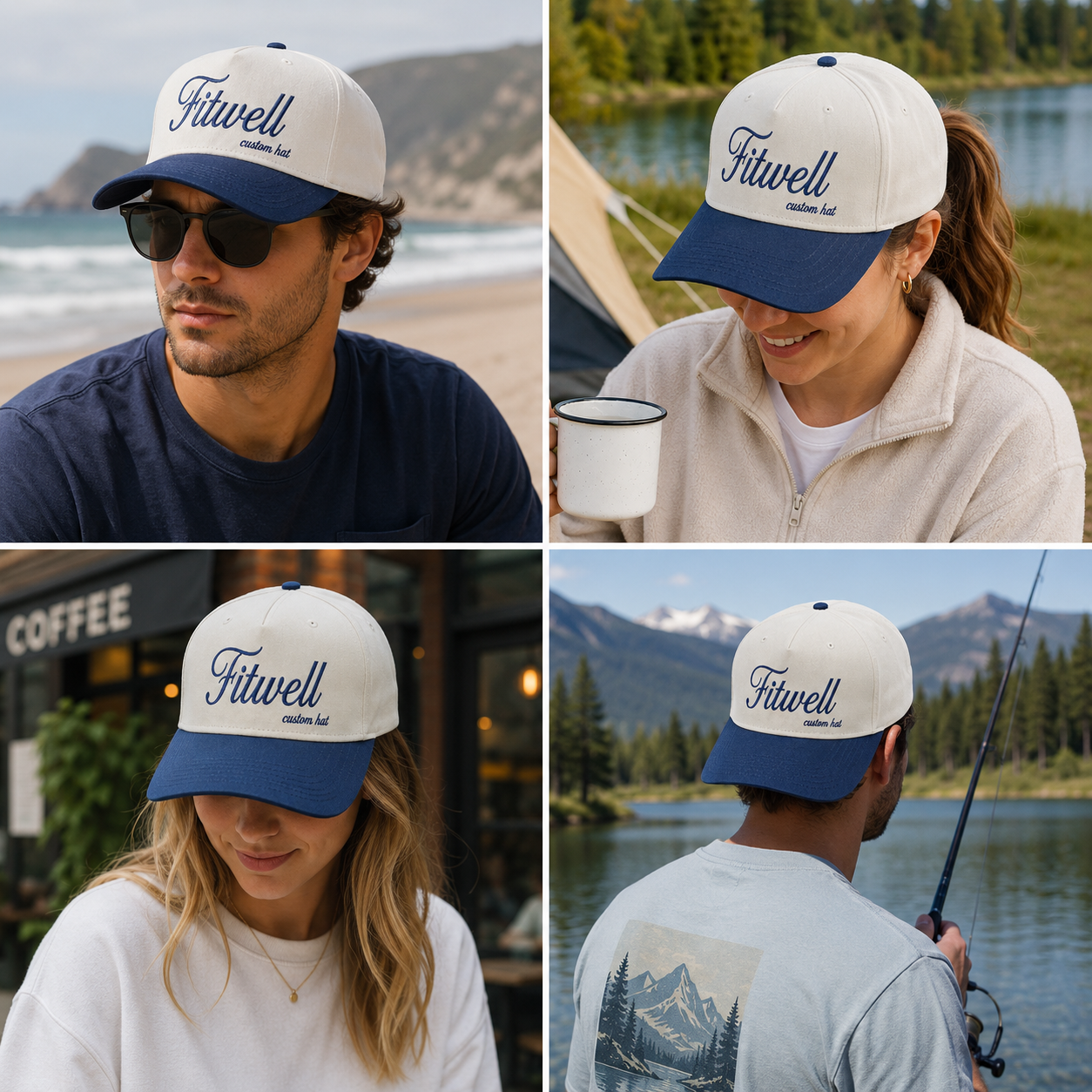 Cream and Navy Five Panel Baseball Cap with Script Roman Numeral Embroidery