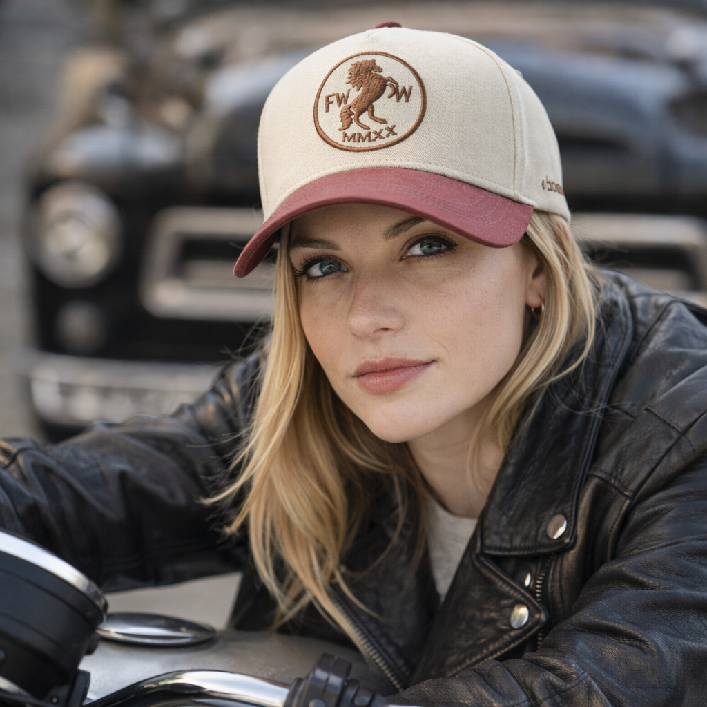 Vintage Lion Logo Cream Pink Baseball Cap Two Tone Embroidered Hat
