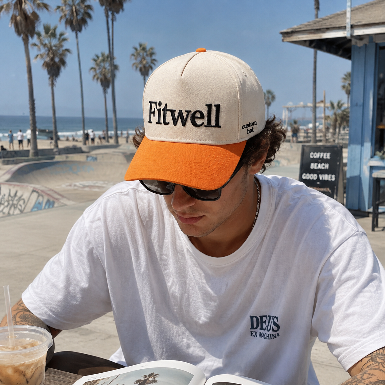 Cream and Orange Five Panel Baseball Cap with Black Statement Embroidery