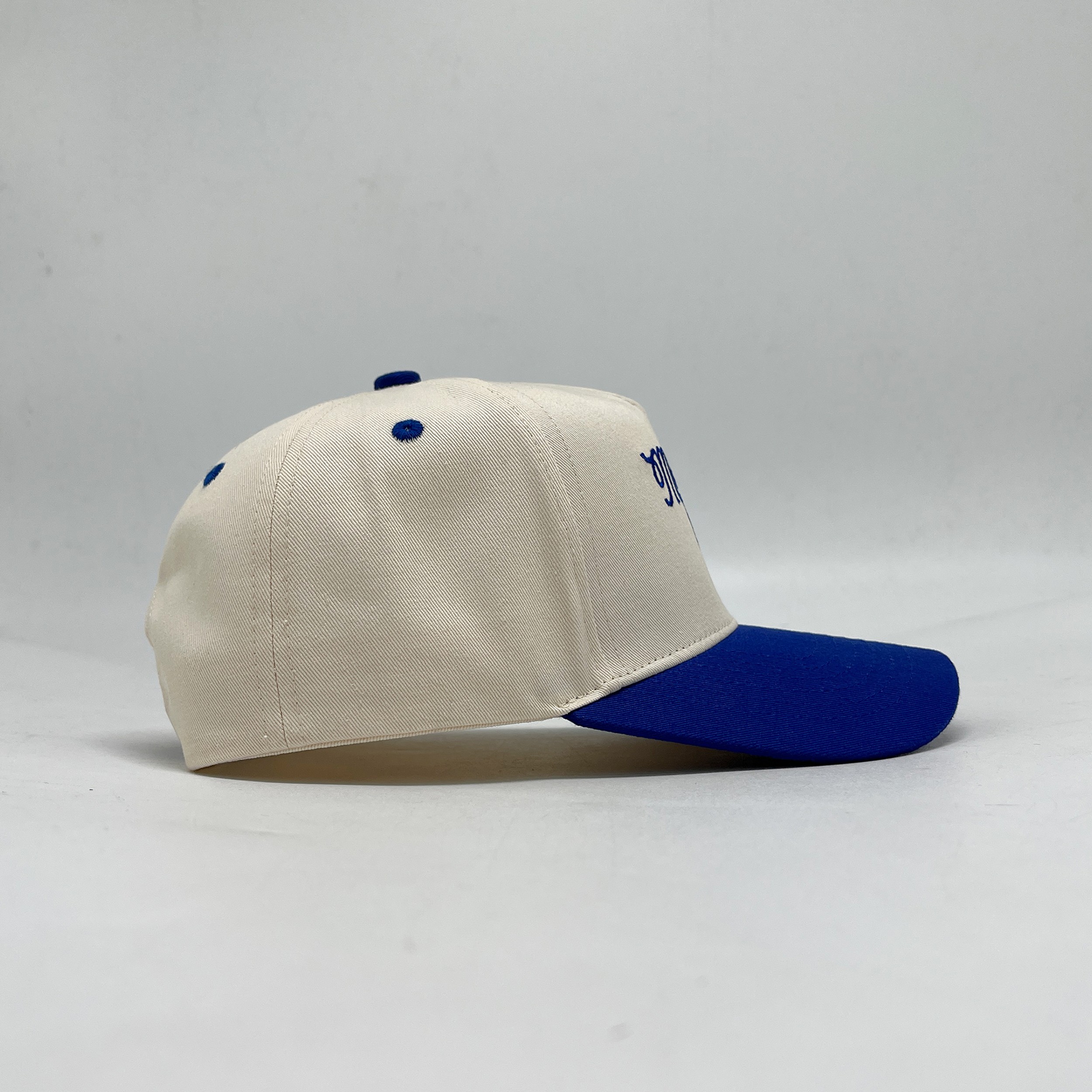 Ivory and Royal Blue Five-Panel Cotton Twill Cap with Mulligans Script Embroidery