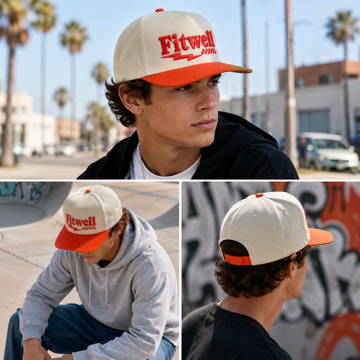 Cream and Orange Two-Tone 5-Panel Cotton Twill Baseball Cap with Flat Embroidered Logo