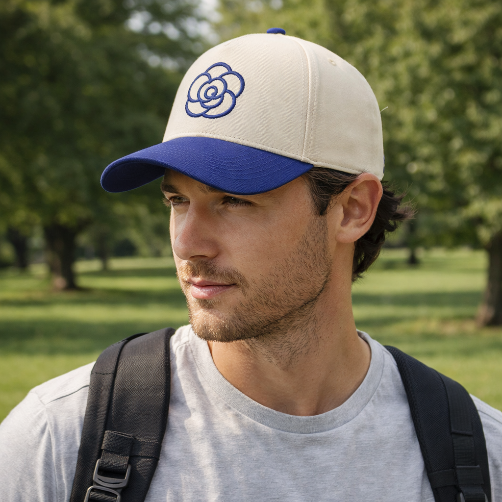 Two-Tone Flower Embroidered 5-Panel Cotton Twill Baseball Cap