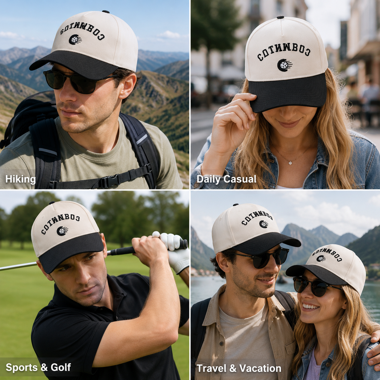 Cream Black Two Tone Cotton Twill Baseball Cap with Columbus Embroidery