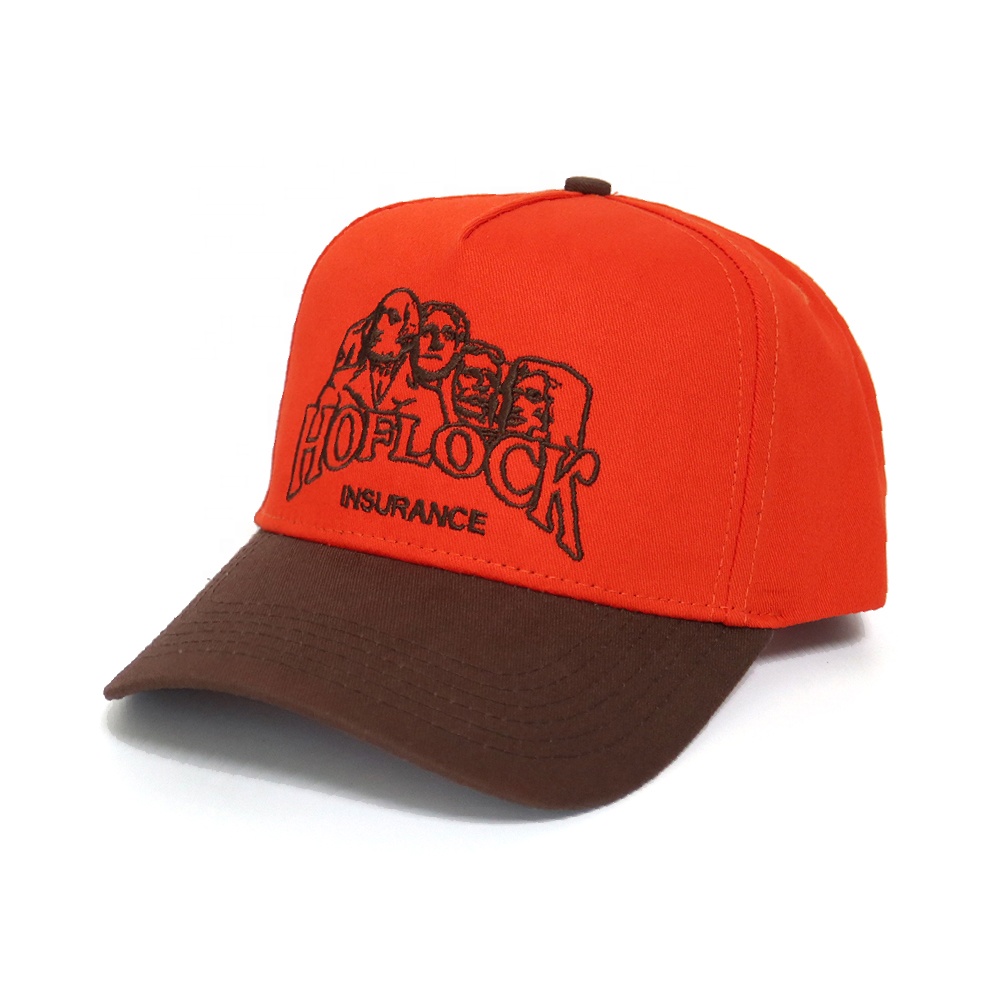 Orange and Brown Curved Brim Trucker Cap with Embroidered Graphic Logo