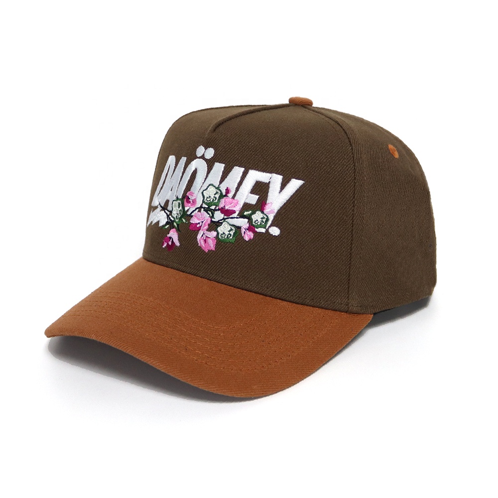 Brown Two Tone Floral Embroidered Letter Baseball Cap Adjustable Cotton Hat