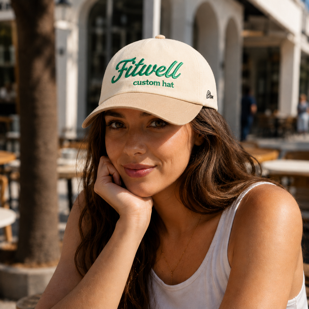 Cream Khaki Two-Tone 5-Panel Cotton Twill Baseball Cap with Green Script Embroidery