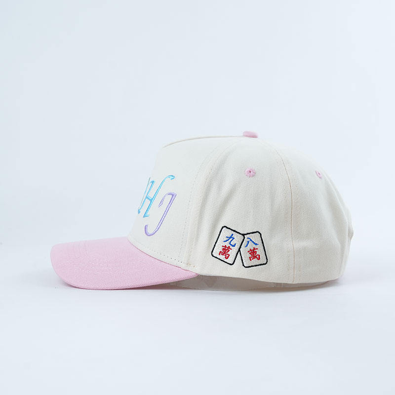 Pastel Embroidered Letter Five Panel Cotton Twill Baseball Cap with Pink Contrast Brim
