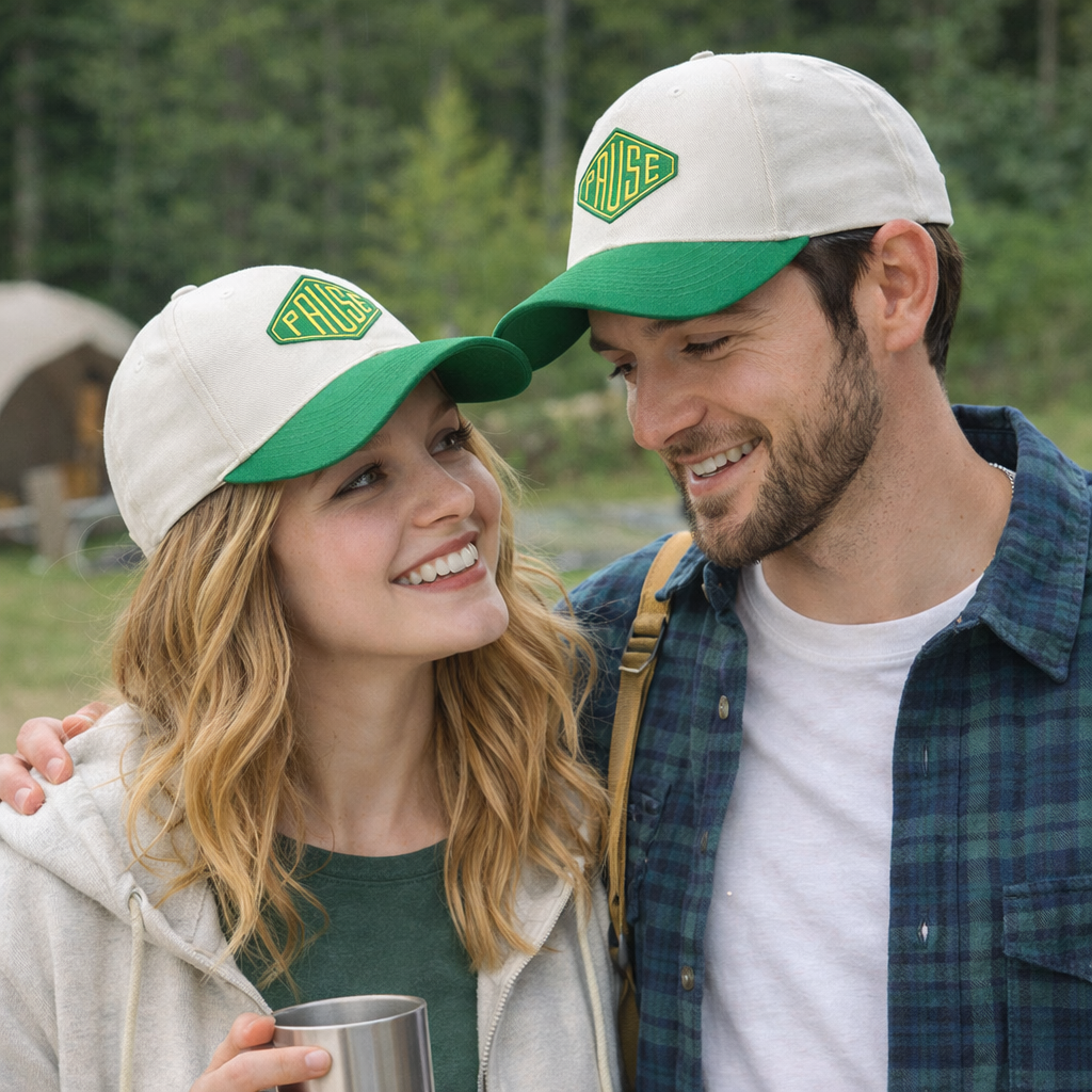 Cream and Green PAUSE Embroidered Two-Tone Baseball Cap