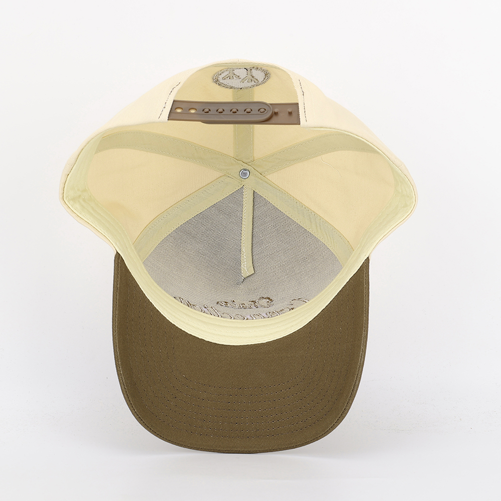 Two-Tone Cream and Khaki 5 Panel Cotton Twill Baseball Cap with Flat Embroidered Script Logo