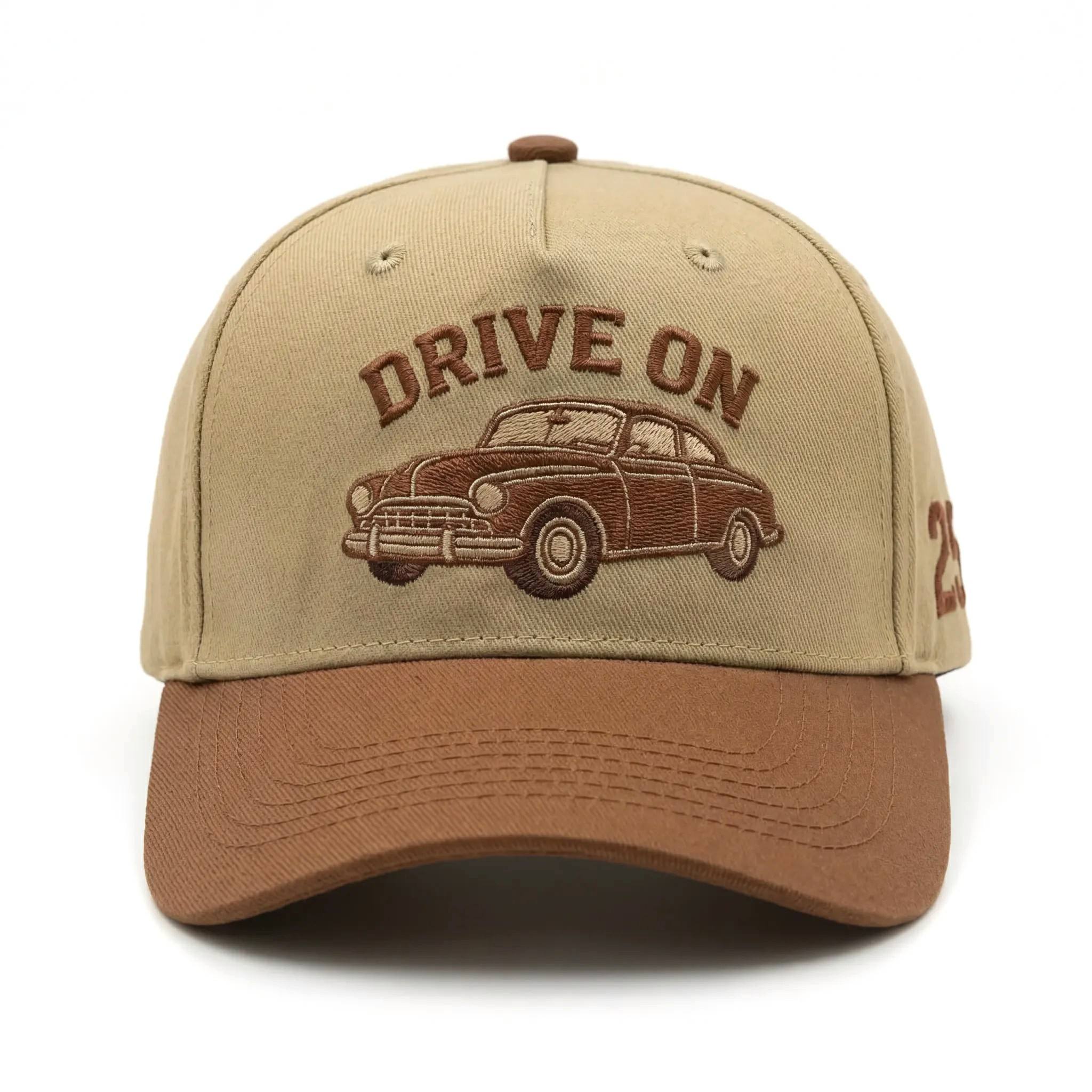 Vintage Beige and Brown Two Tone 5 Panel Cotton Twill Baseball Cap with Classic Car Embroidery