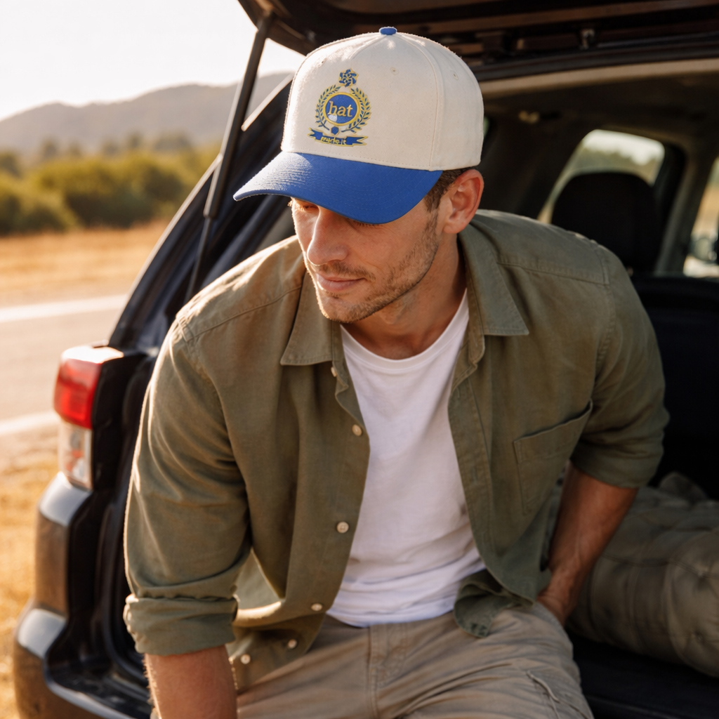 Blue and Beige 858 Crest Embroidered Baseball Cap