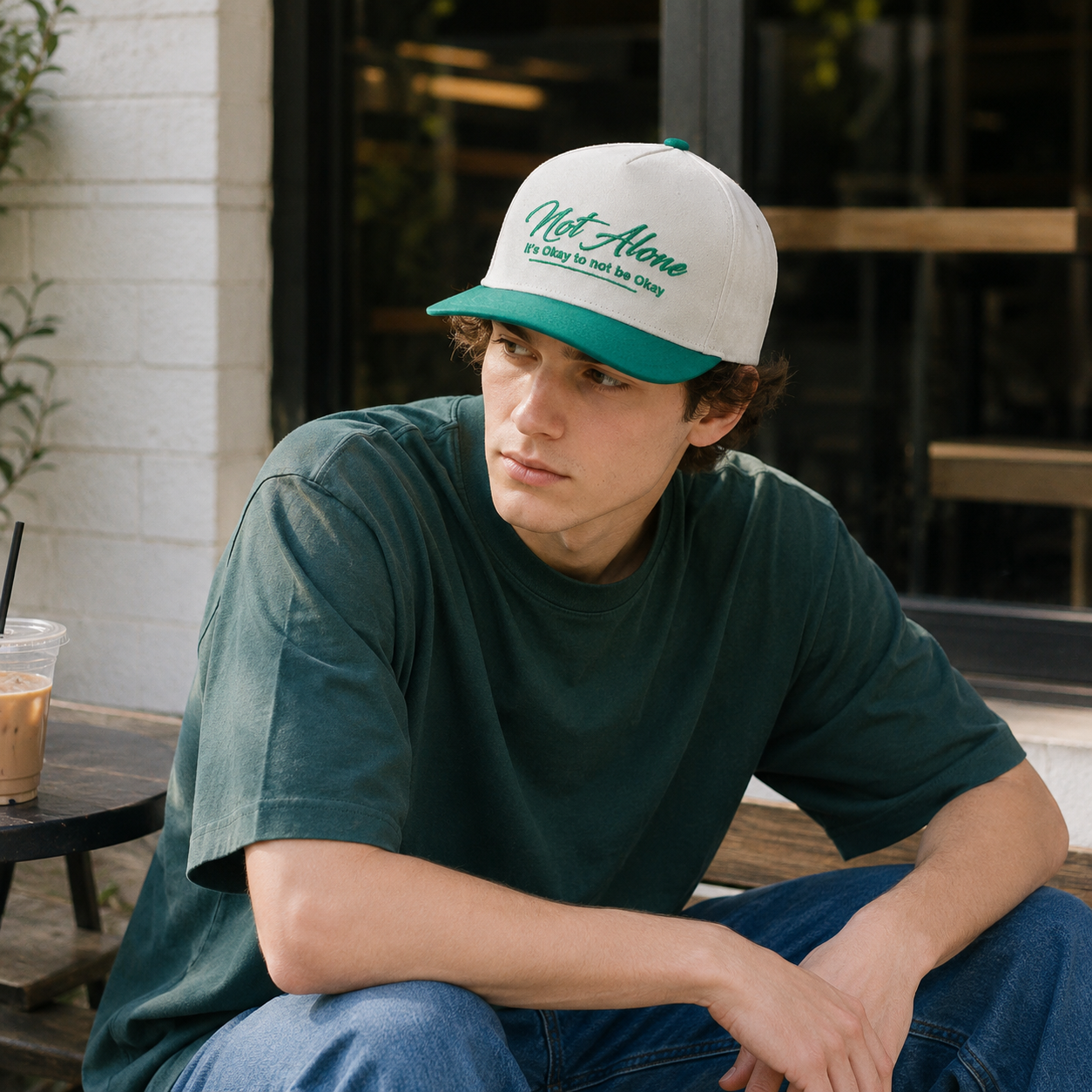 Cream and Green Two Tone Baseball Cap with Script Embroidery