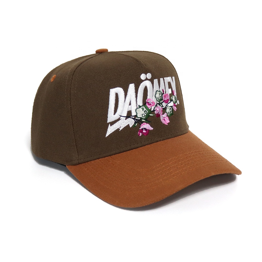 Brown Two Tone Floral Embroidered Letter Baseball Cap Adjustable Cotton Hat