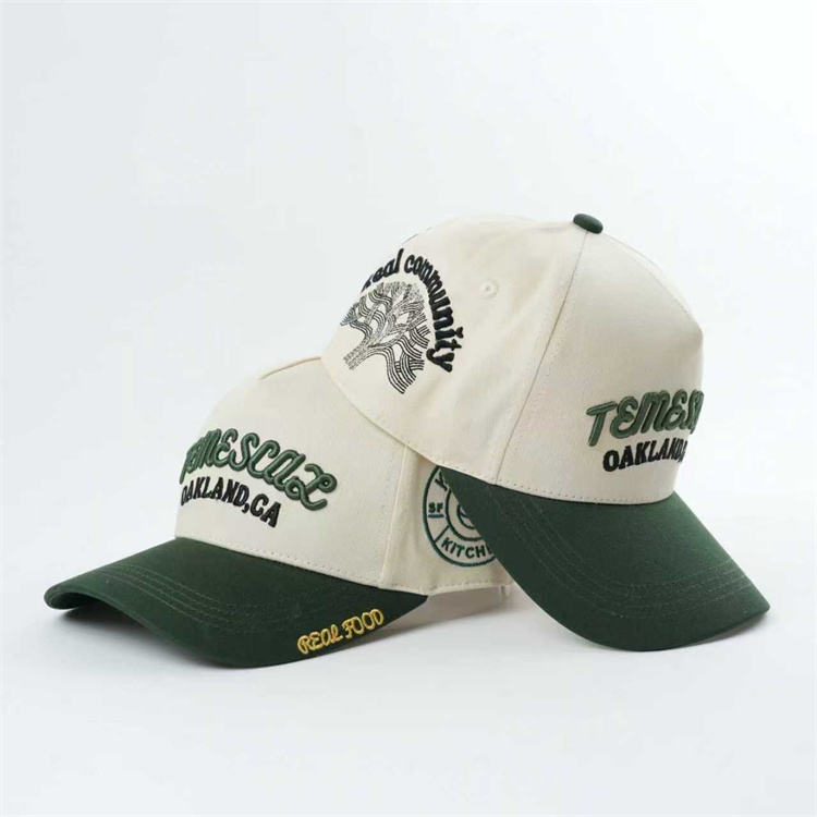 Cream and Forest Green Raised Embroidery Five-Panel Baseball Cap