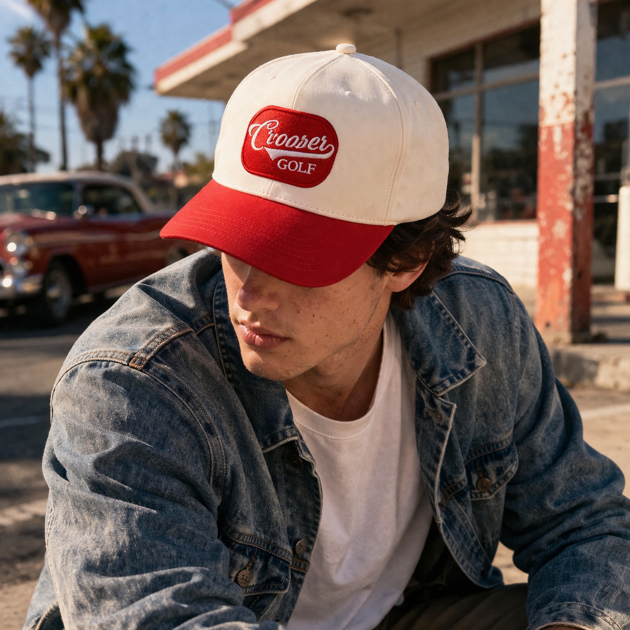 Rooster Golf Two Tone Embroidered Baseball Cap Cream Red