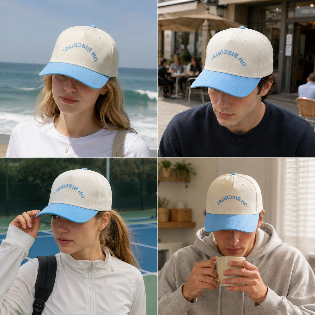Cream and Sky Blue OH BISCUITS Two-Tone Five-Panel Cotton Twill Cap