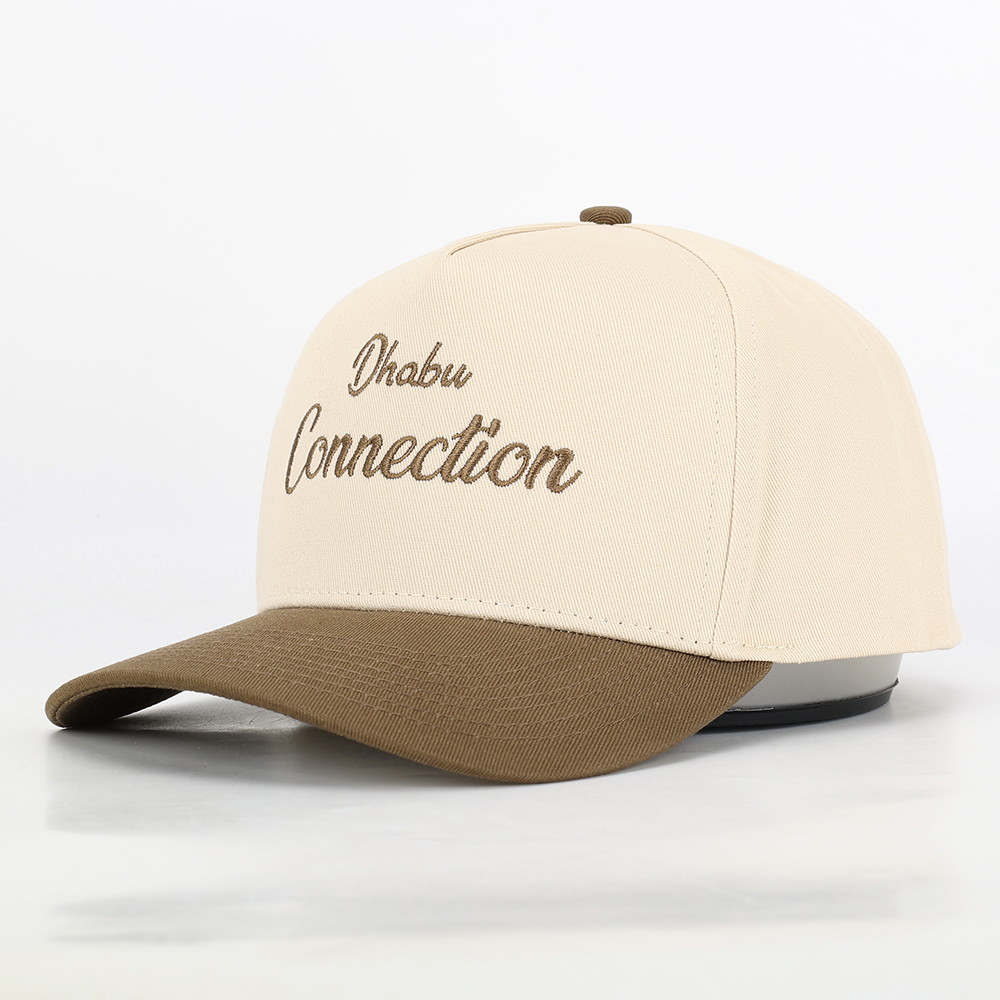 Two-Tone Cream and Khaki 5 Panel Cotton Twill Baseball Cap with Flat Embroidered Script Logo