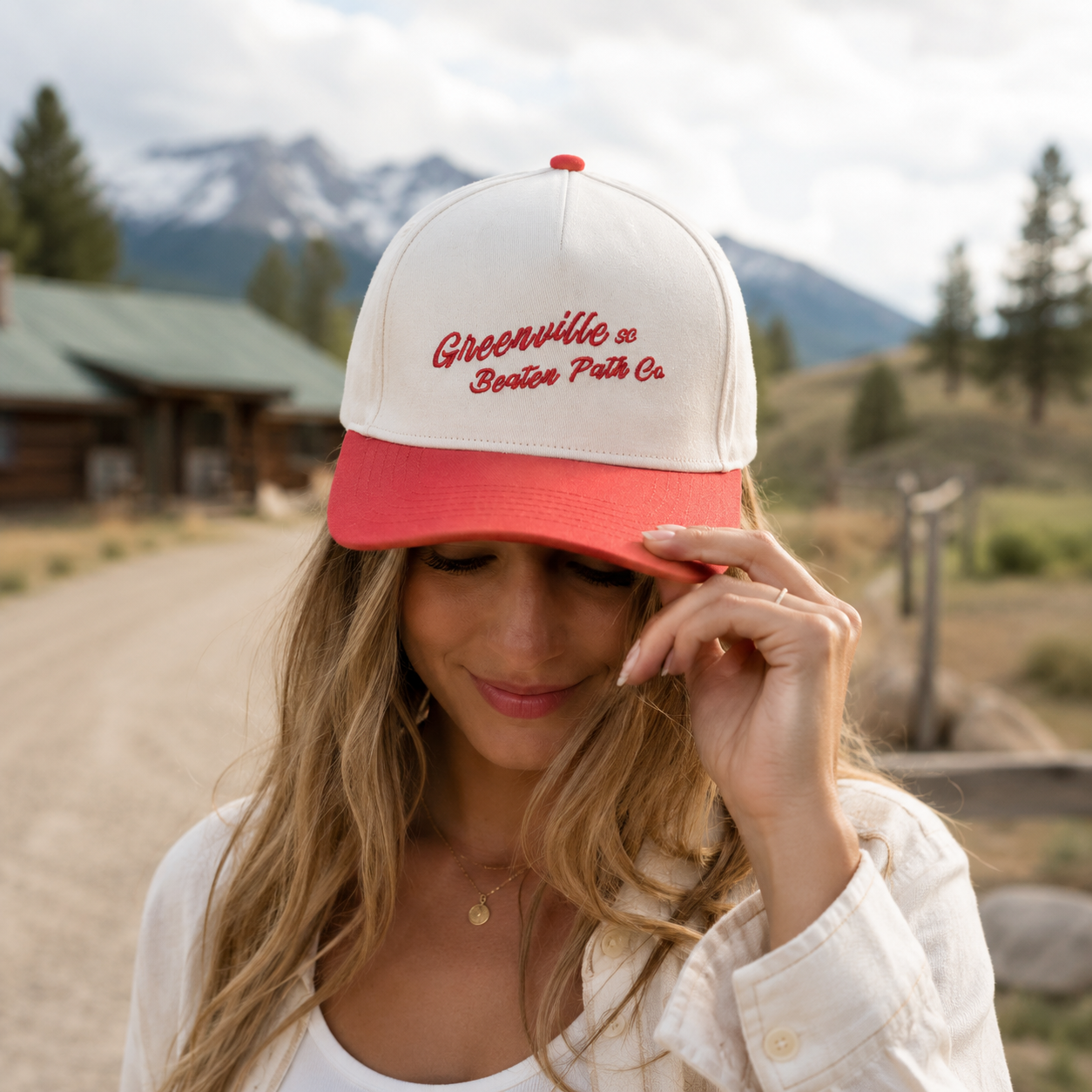 Cream Red Flat Embroidered Script Baseball Cap