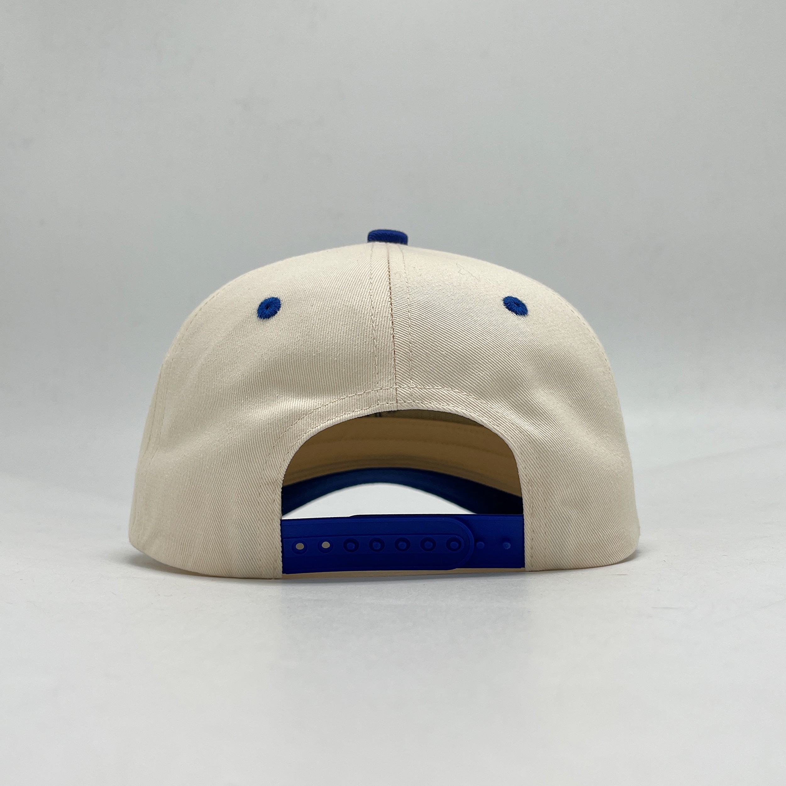 Ivory and Royal Blue Five-Panel Cotton Twill Cap with Mulligans Script Embroidery