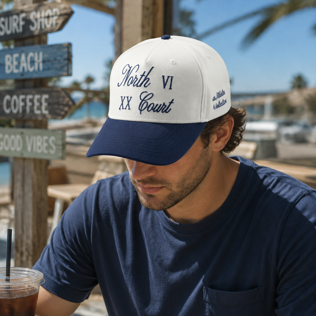 Cream and Navy Five Panel Baseball Cap with Script Roman Numeral Embroidery