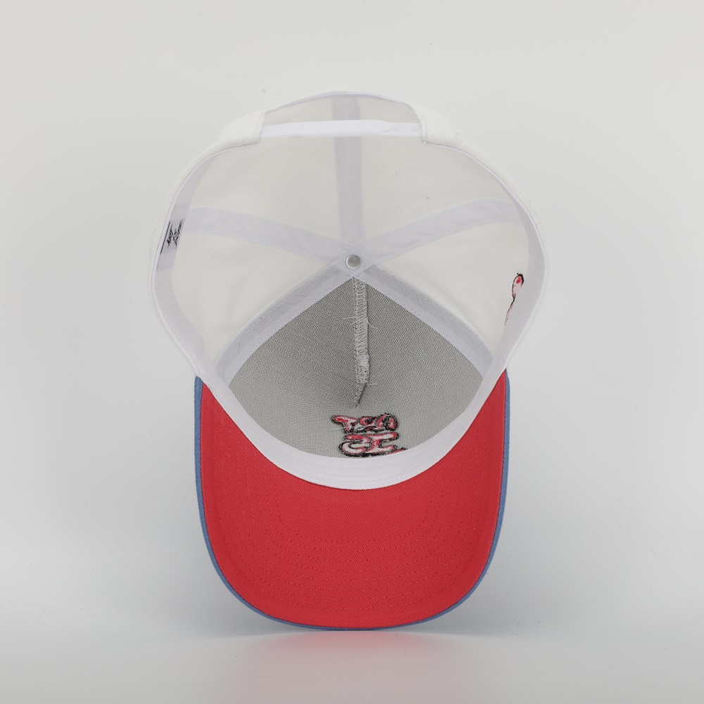 White and Blue Two-Tone Five-Panel Cotton Twill Baseball Cap with Pink ART IS DOPE Embroidery and Curved Brim
