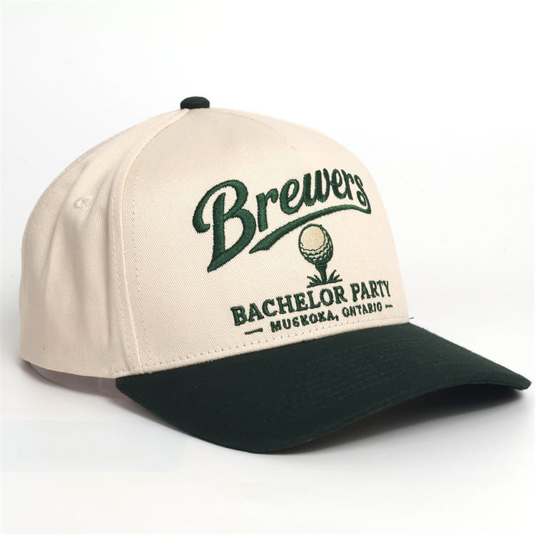 Vintage Two Tone Cotton Twill Five Panel Baseball Cap with Embroidered Golf Inspired Logo