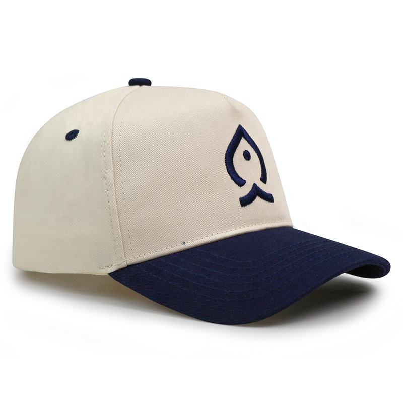 Cream and Navy Two-Tone 5-Panel Baseball Cap with Embroidered Water Drop Logo