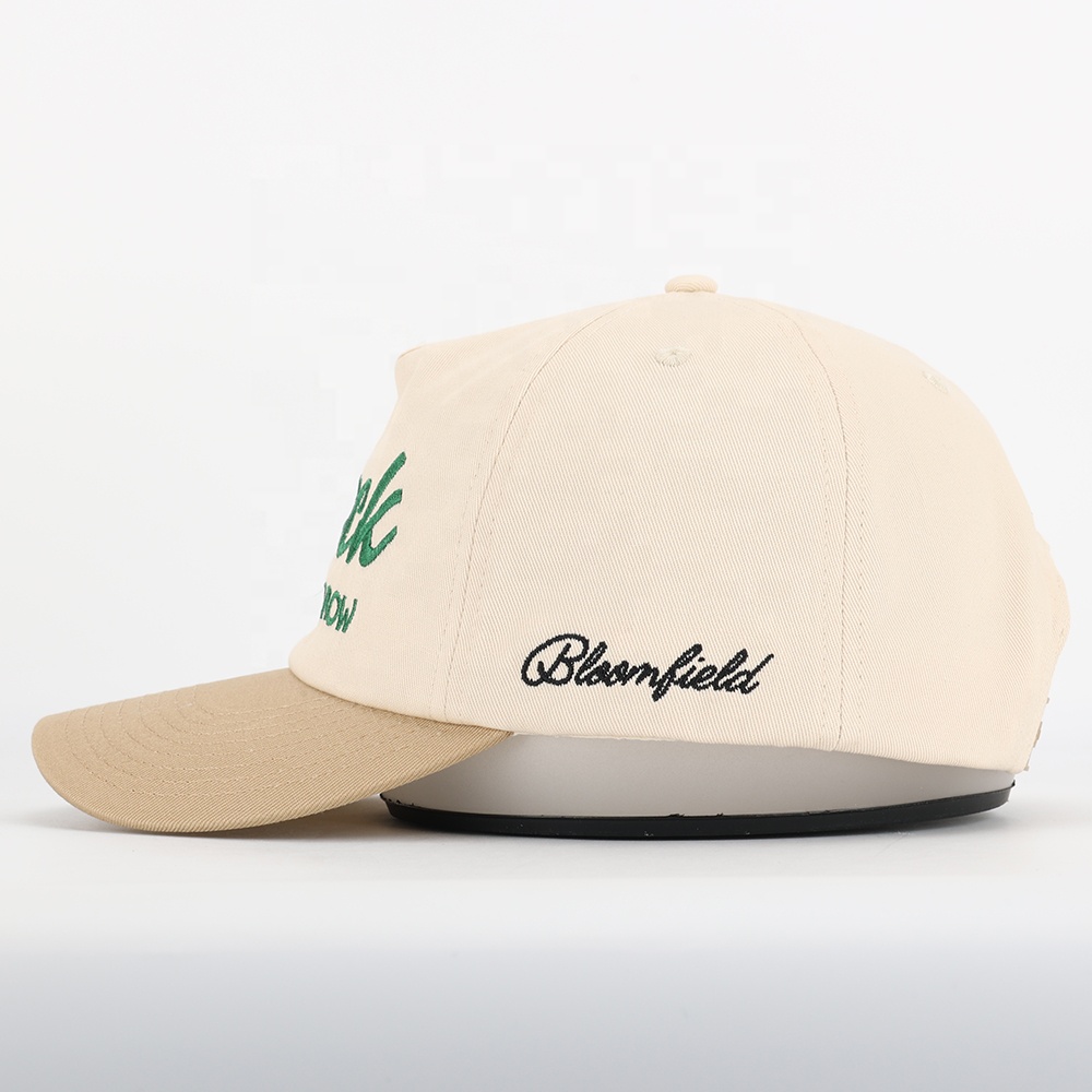 Cream Khaki Two-Tone 5-Panel Cotton Twill Baseball Cap with Green Script Embroidery