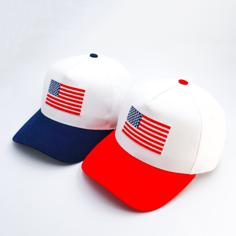 White Two Tone Cotton Twill Baseball Caps with Embroidered USA Flag Patch