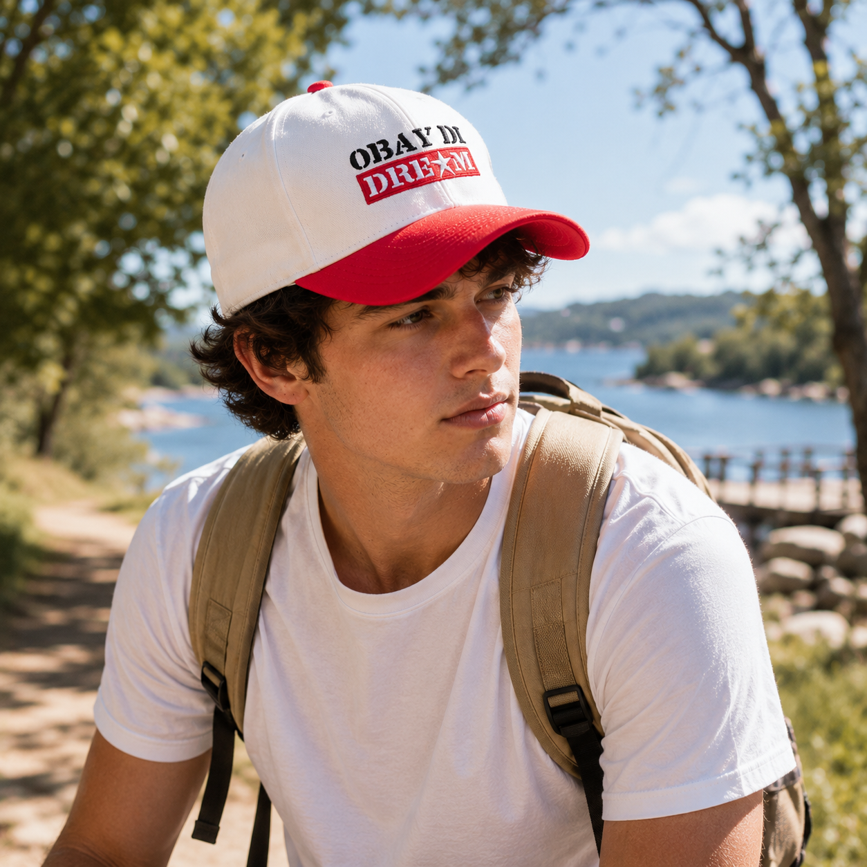 Cream and Red Two Tone Baseball Cap with Dream Embroidery