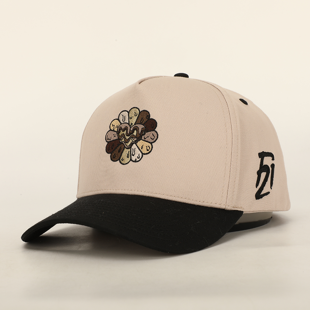 Flower Embroidered Two Tone Cotton Twill Baseball Cap