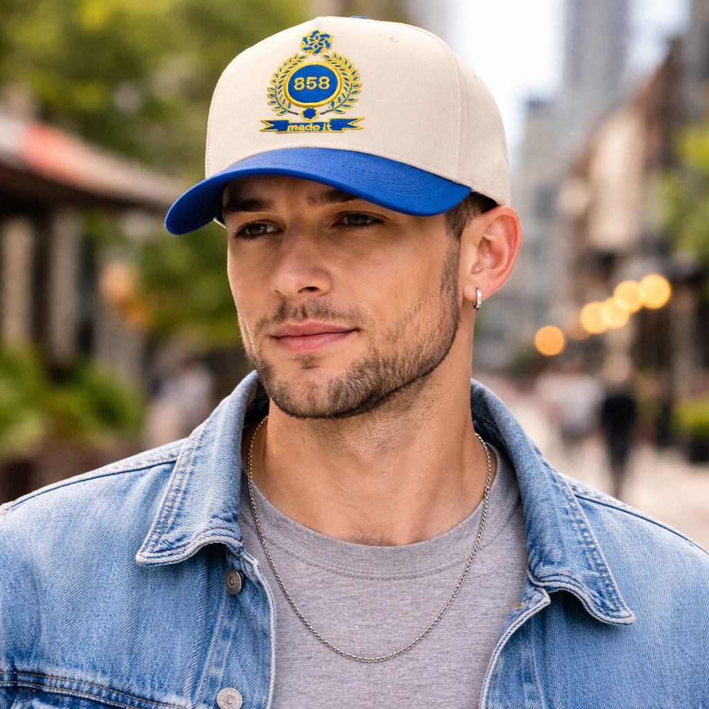 Blue and Beige 858 Crest Embroidered Baseball Cap