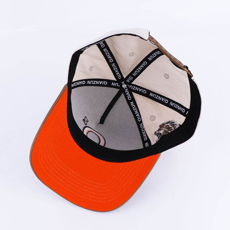 White and Khaki Embroidered Logo Five-Panel Baseball Cap