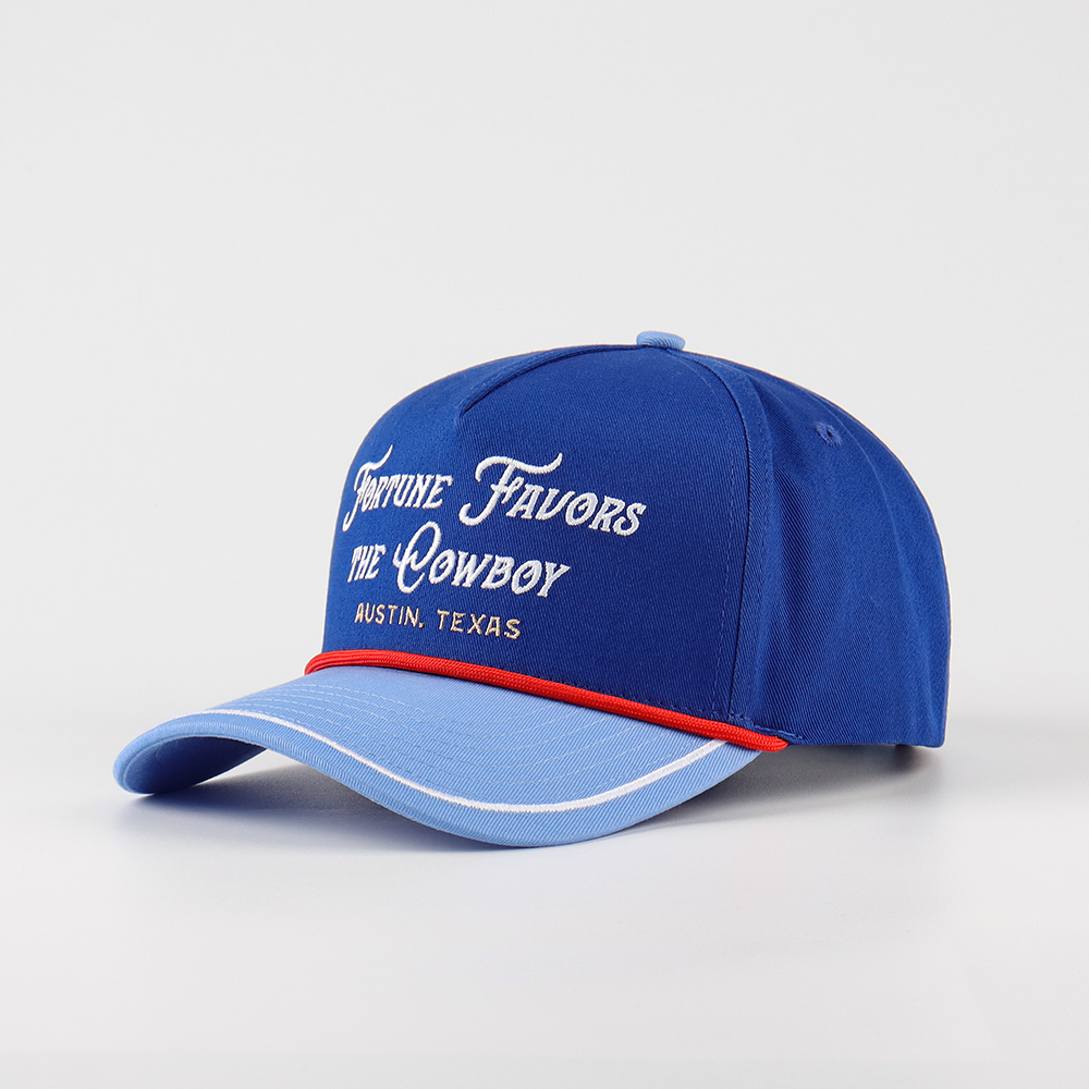 Blue Two Tone Cotton Twill Baseball Cap with Fortune Favors The Cowboy Embroidered Logo