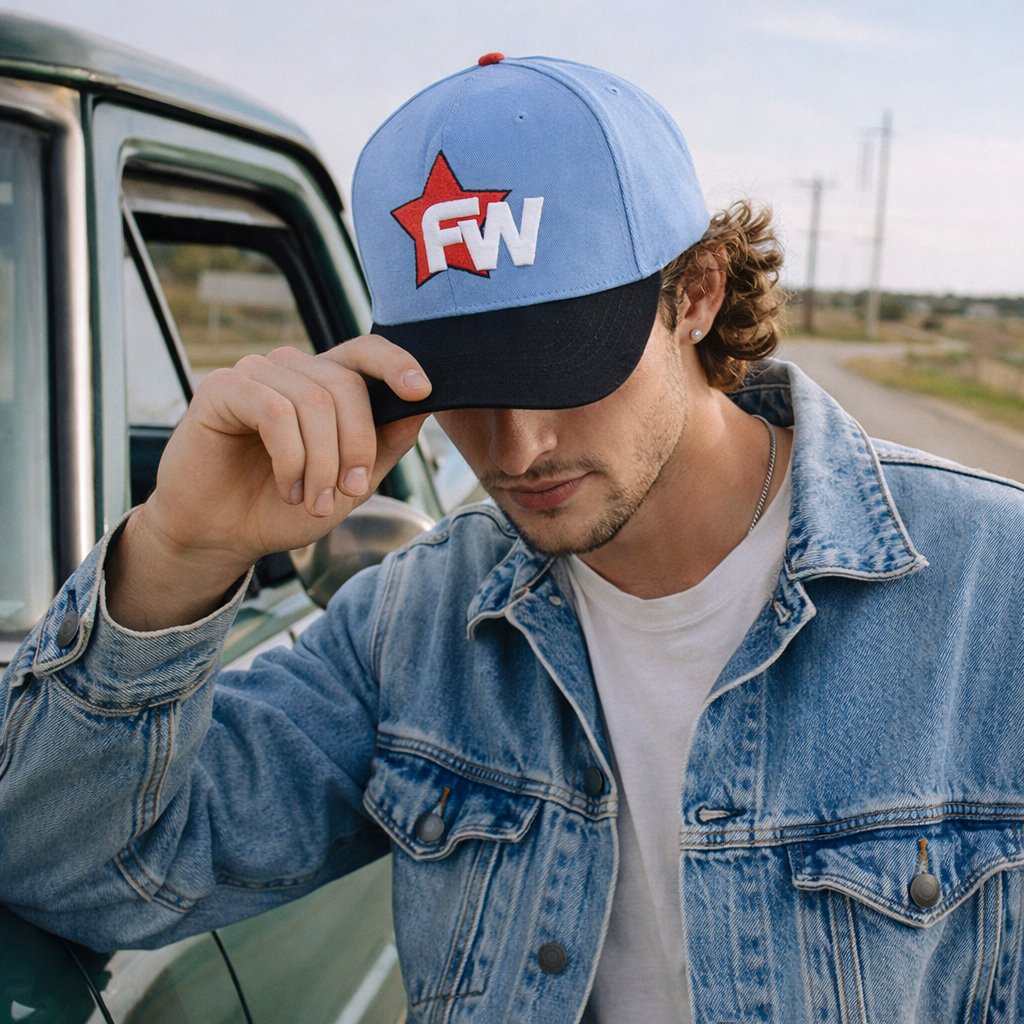 Light Blue and Black Star Logo 5 Panel Baseball Cap